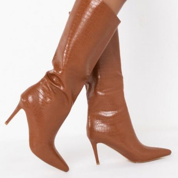 AZALEA WANG Falling Only  For You Stiletto Boot in Caramel With  Croc Embossed - Picture 1 of 8